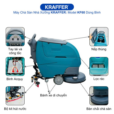 Máy chà sàn nhà xưởng KRAFFER KF60 dùng bình acquy